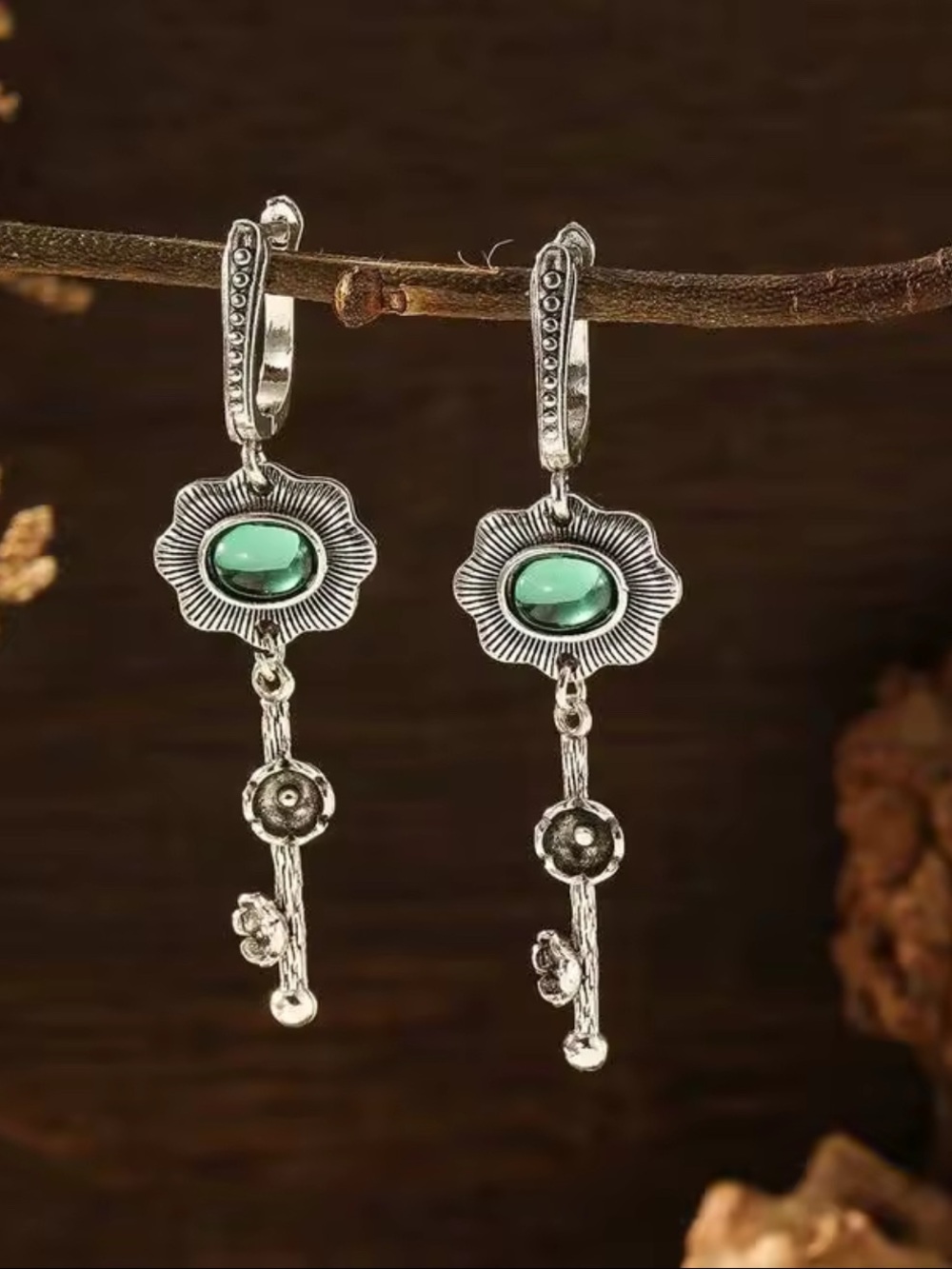 Silver Floral Drop Earrings with Green Stone